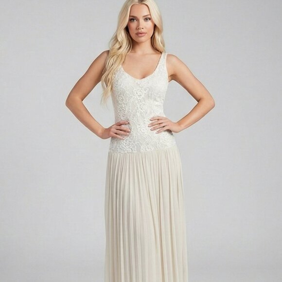 Drop Waist Lace Mesh Chiffon Dress Beige - Picture 4 of 10